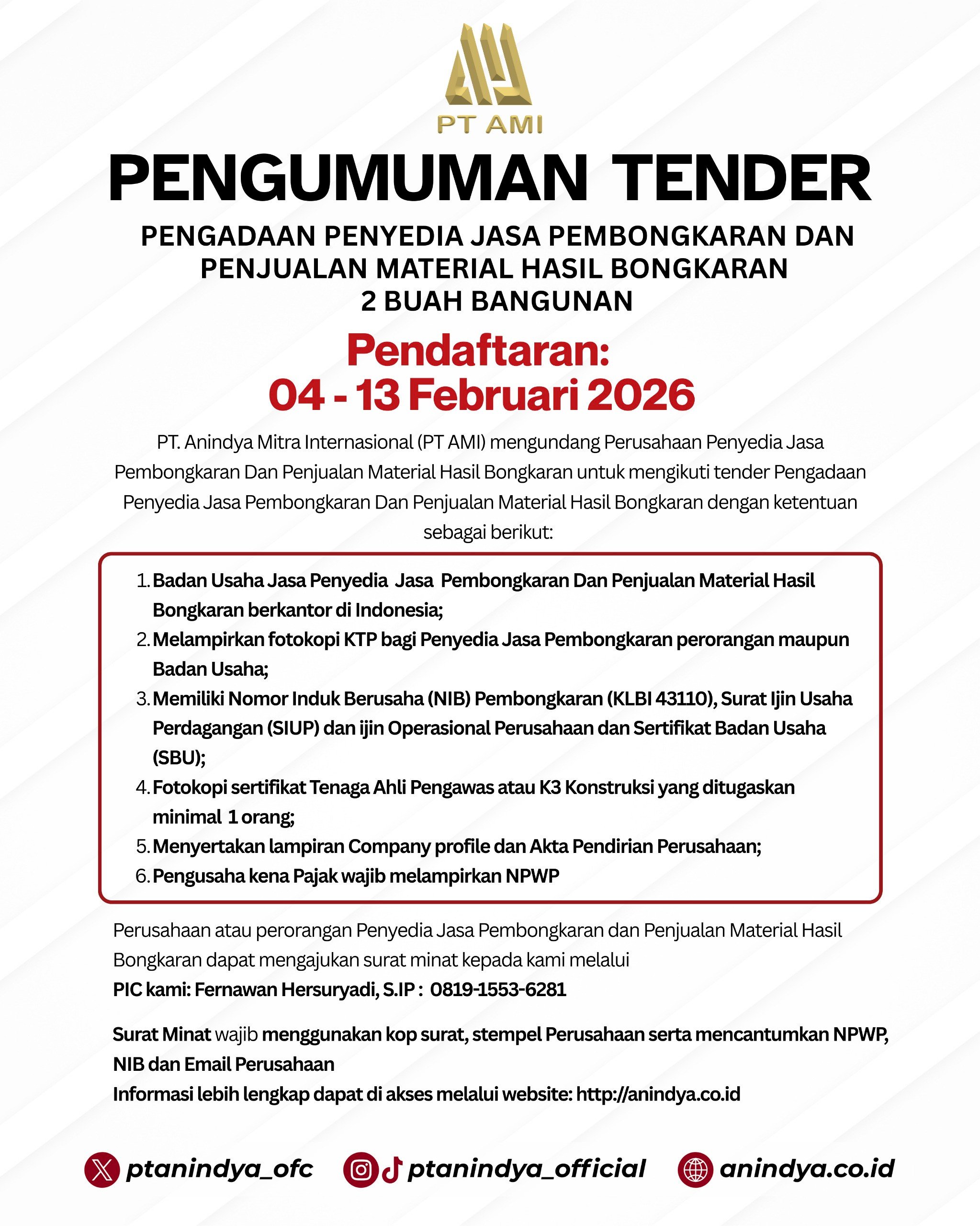 PENGADAAN PENYEDIA JASA PEMBONGKARAN DAN PENJUALAN MATERIAL HASIL BONGKARAN 2 BUAH BANGUNAN